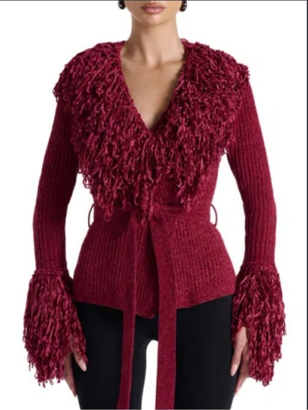 Naked Wardrobe KNIT FRINGE V-NECK CARDIGAN